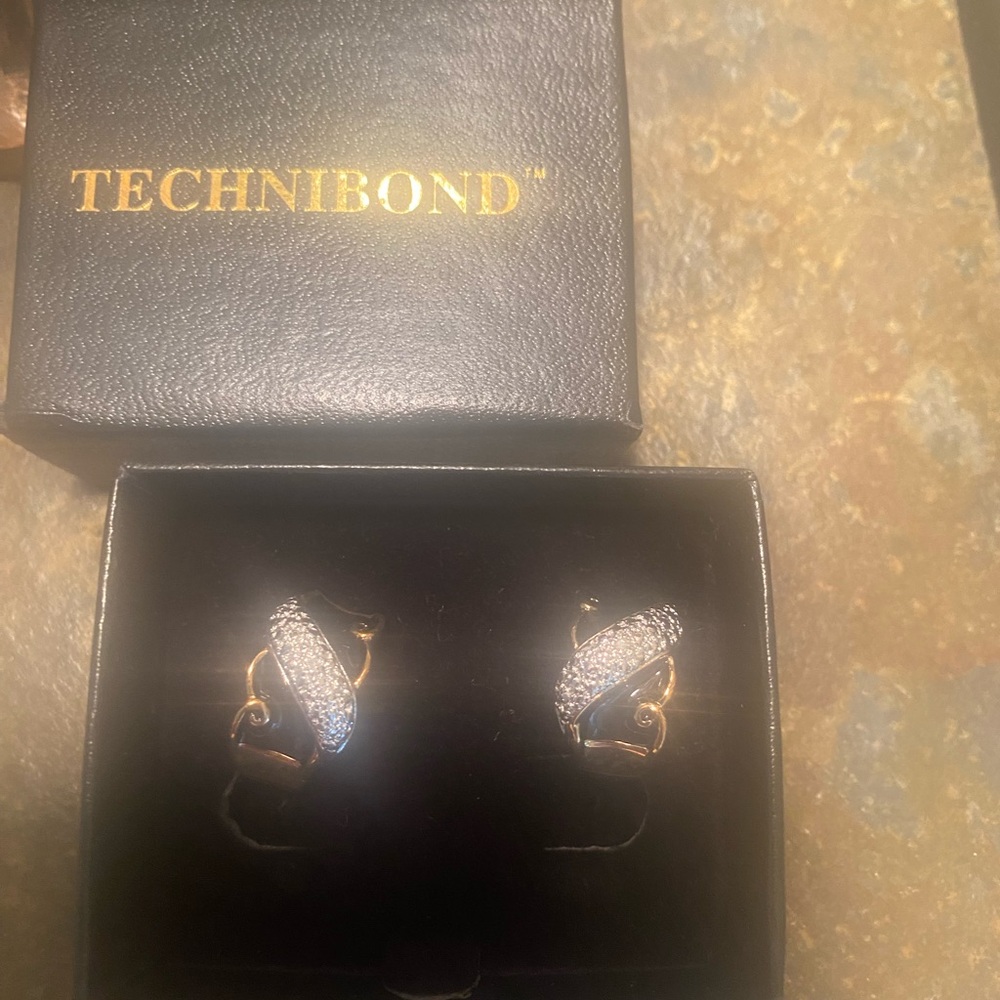 Technibond 925 Sterling Silver gold and black clip on earrings with rhinestones